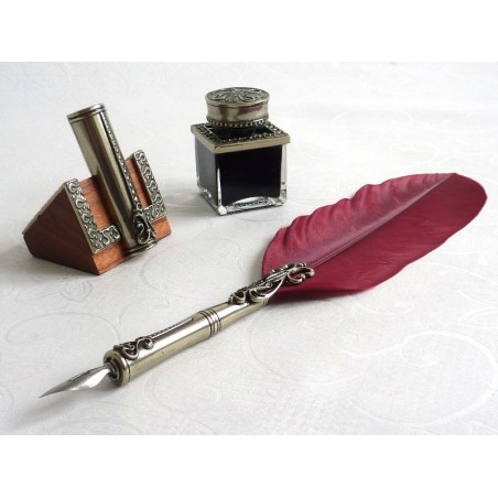 Bortoletti burgundy feather quill dip pen inkwell & pen holder