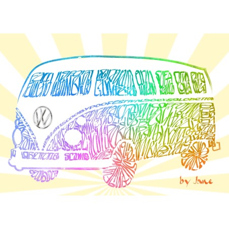 Yellow handmade VW camper van greeting card designed by Jane - blank