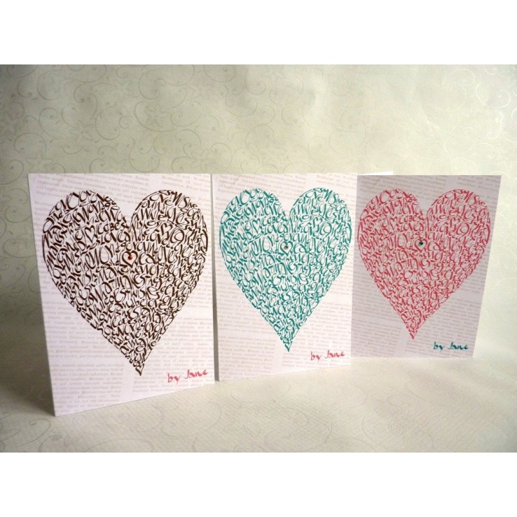 Carta di San Valentino fatti a mano con citazioni di amore e design del cuore in tre colori