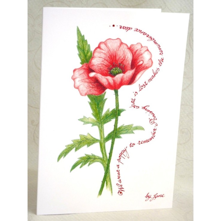 Handmade remembrance poppy card with hand-drawn floral design