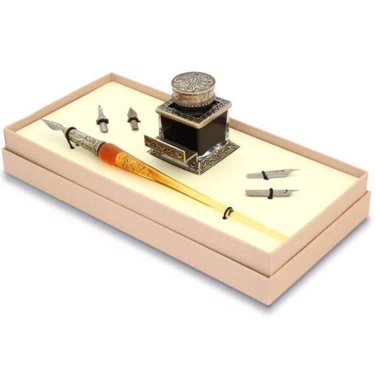 Bortoletti amber glass calligraphy pen set42 with gold leaf