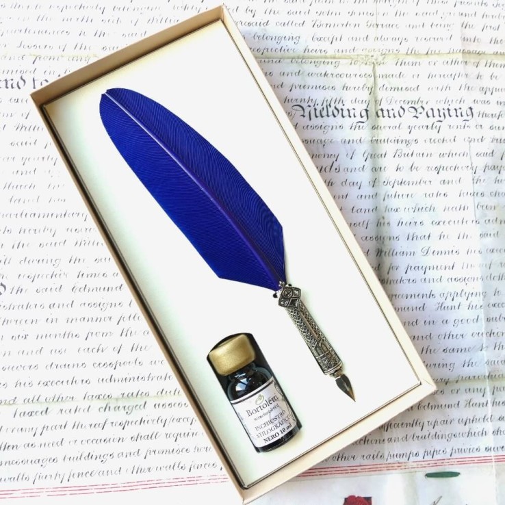Bortoletti Ca’ d’Oro blue feather quill pen and ink set