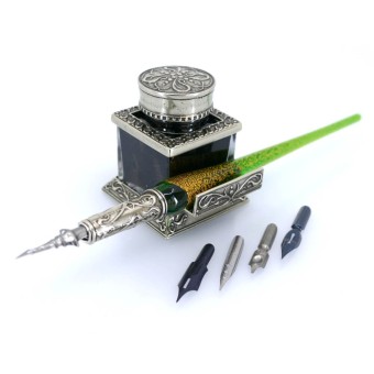 Bortoletti green glass calligraphy pen set with four nibs and ornate inkwell