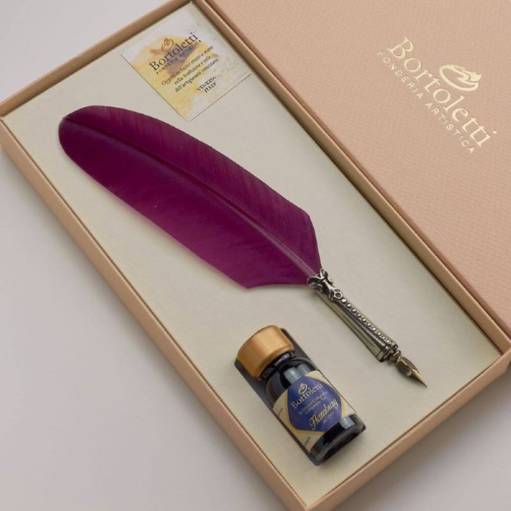 Italian feather quill pen with hand-chiselled bronze handle
