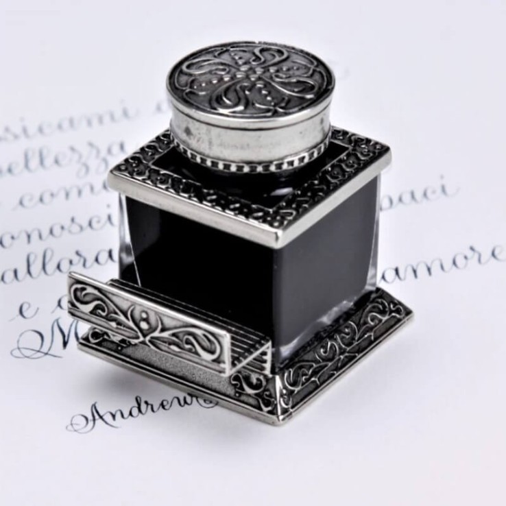 Bortoletti CAL40 Hånd-chiselled Glass og Bronze Inkwell med Pen Rest