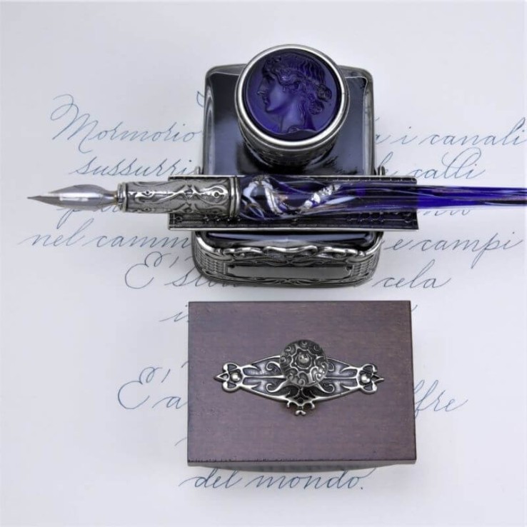 Bortoletti Priuli Murano glass writing set with bronze inkwell