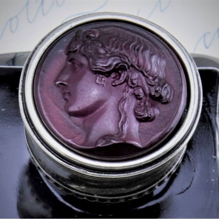 Hand-worked bronze inkwell with decorative cameo glass top by Bortoletti
