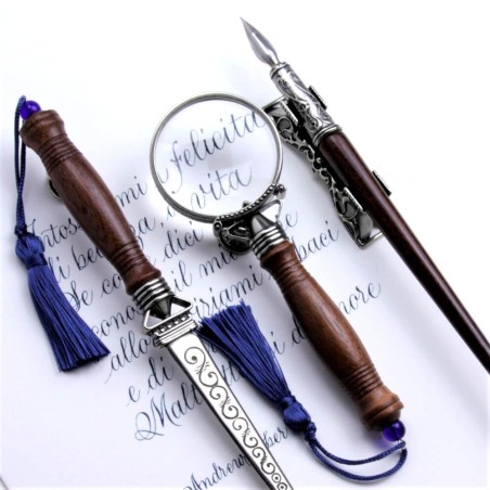 Bortoletti Ensemble d'écriture en bois avec ouvre-lettres et verre loupe