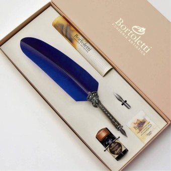 Bortoletti Corona Blue Feather QUILL DIP Pen Inkwellin ja kynän pidike