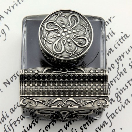 Decorative bronze inkwell with balcony pen rest by Bortoletti